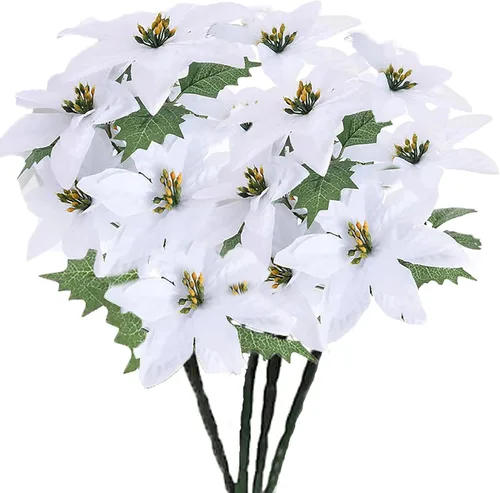 Vista 11 de Ferial 2 flores artificiales de Navidad – Ramo de flor de Pascua de seda de 5 cabezas – Flores falsas para fiesta de Navidad, decoración de boda 2