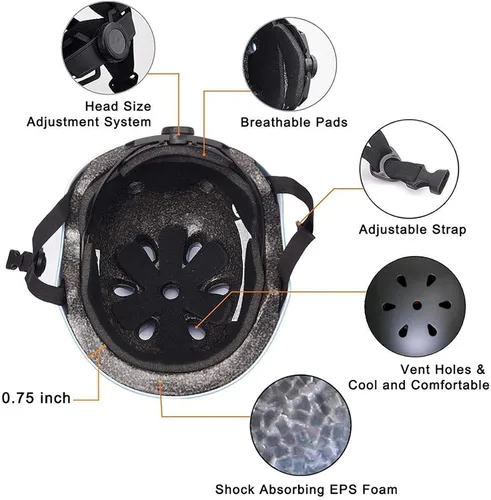Vista 5 de Conjunto de casco de bicicleta para niños, casco ajustable para niños pequeños de 2 a 8 años con rodilleras, coderas y muñequeras Casco