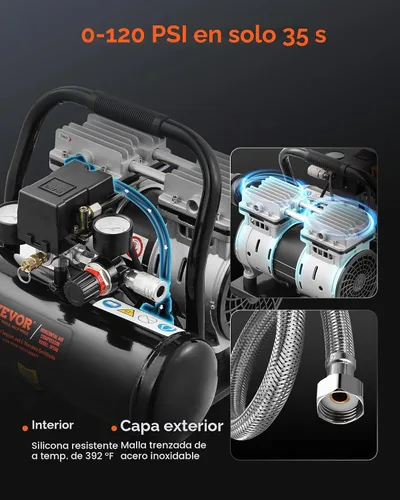 Vista 3 de VEVOR Compresor de aire, tanque de acero de 1 galón, compresor de aire libre de aceite de 1 HP 1.5 CFM a 90 PSI y presión máxima de 120 PSI
