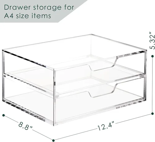 Vista 2 de SANRUI Clear Acrylic Drawer Organizer, Desk Organizer with 2 Drawers Thick solid acrylic, non-slip pads, fully assembled, for office vanity