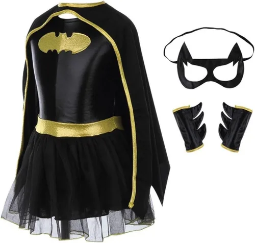 Vista 3 de Disfraz de murciélago para niñas, capa de murciélago de superhéroe, capa negra, disfraz de cosplay de Halloween, conjunto completo