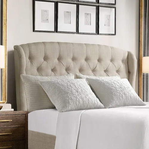 Vista 5 de Rosevera Josie Wingback - Base de cama con cabecera capitoné de altura ajustable, marco de cama tapizado de tela, soporte de listones de madera Gris