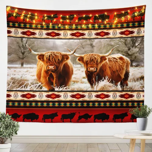 Vista 19 de Tapiz de vaca de las tierras altas, tapices aztecas nativos del suroeste, animales de granja, arte exótico nórdico, atrapasueños, arte de pared