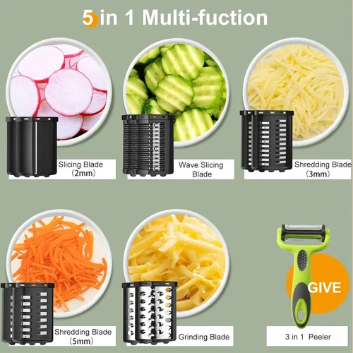 Vista 4 de Rallador Eléctrico de Queso, Máquina de Ensalada 5 en 1 con Cuchillas de Acero Inoxidable, Rebanador y Rallador Eléctrico de Alimentos de 250W