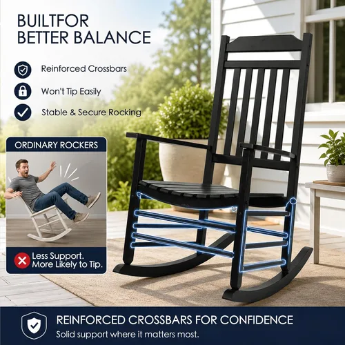 Vista 6 de Kozyard Mecedora de madera, silla mecedora de madera maciza para exteriores con respaldo alto y asiento de listones, mecedora ergonómica
