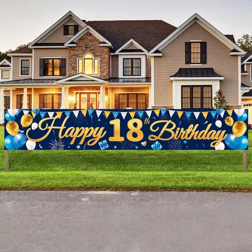 Vista 12 de Pancarta Grande de Telón de Fondo Feliz Cumpleaños 16 Azul Dorado, Cartel de Cumpleaños 16, Suministros de Decoración de Fiesta de 16 Años