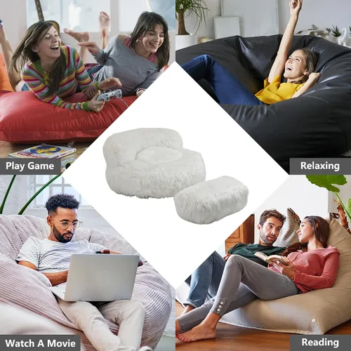 Vista 4 de Puf con reposapiés, puf de felpa con relleno incluido, suave puf para juegos, sofá gigante perezoso con otomana para adultos y niños, sala de estar