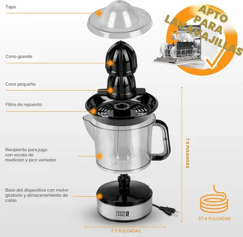 Vista 2 de LEBENLANG Exprimidor de cítricos eléctrico - 2 conos y libre de BPA Alto rendimiento de jugo y gran volumen Exprimidor de jugo de naranja