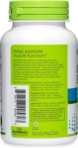 Vista 2 de NutriBiotic Electrolitos esenciales, cápsulas de 100 unidades Apoya un mayor rendimiento y una recuperación más rápida Vitamina C de grado