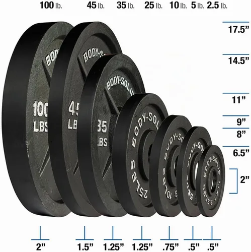 Vista 3 de Body-Solid Juego de platos olímpicos de hierro fundido, placas de mancuernas con agujero estándar de 2 pulgadas para todos los tipos de pesas