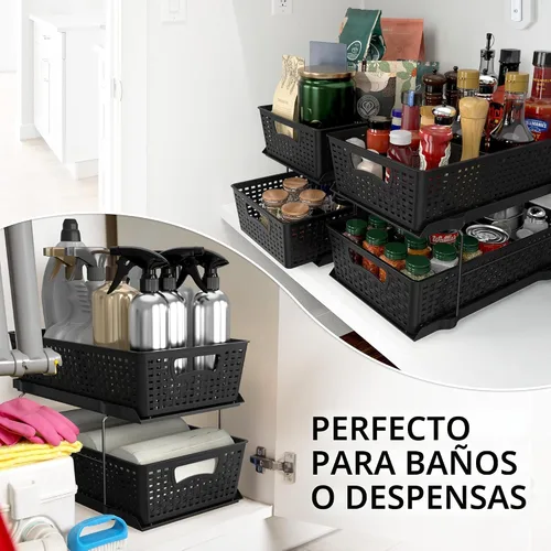 Vista 8 de Simple Houseware Bandeja organizadora de baño de 2 niveles, cajón deslizante extraíble, almacenamiento debajo del fregadero, color negro
