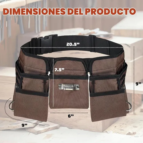 Vista 2 de Cinturón de herramientas de construcción resistente marrón y negro de 19 bolsillos, delantal de trabajo, bolsa de herramientas, con hebilla