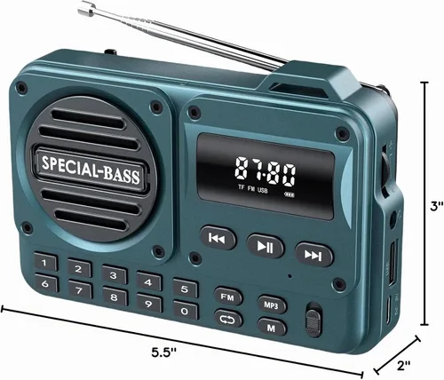 Vista 8 de Radio de bolsillo FM con carga USB-C, 2000 mAh, recargable, excelente recepción, altavoz transparente y conector para auriculares, pantalla LCD