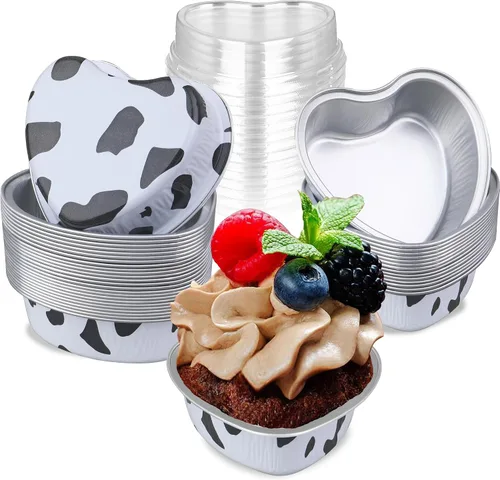 Vista 12 de Moldes para pasteles en forma de corazón de 3.5 pulgadas, molde de papel de aluminio con tapas, 25 piezas desechables de corazón pequeño