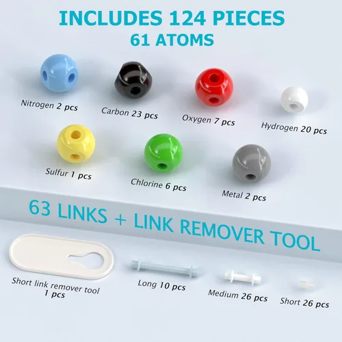 Vista 3 de Kit de modelo molecular, juego de 124 piezas de química molecular orgánica, kit de modelo de elementos atómicos para lecciones de química, kit