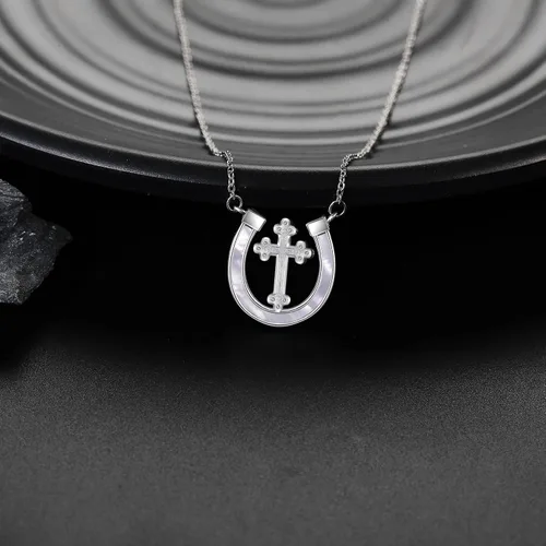 Vista 4 de YAFEINI Collar de cruz de herradura de plata de ley 925 con colgante de cruz de herradura, regalos de joyería para niñas y mujeres, No es una piedra