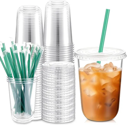 Vista 12 de Baderke Juego de 25 vasos de plástico con tapas y pajitas, tazas de plástico desechables para café helado, jugo, batido, cristal para cafeterías