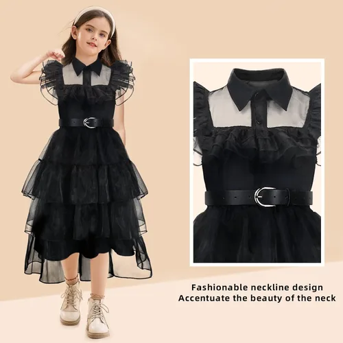 Vista 6 de Wednesday Addams - Disfraz para niñas con cinturón, vestido de miércoles para niños, cosplay, Halloween, cumpleaños, fiesta familiar, 4-14 años