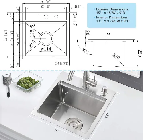 Vista 4 de Fregadero de barra de 15 pulgadas para estación de trabajo, fregadero de cocina pequeño de 15 x 15 pulgadas, montaje superior, calibre 16