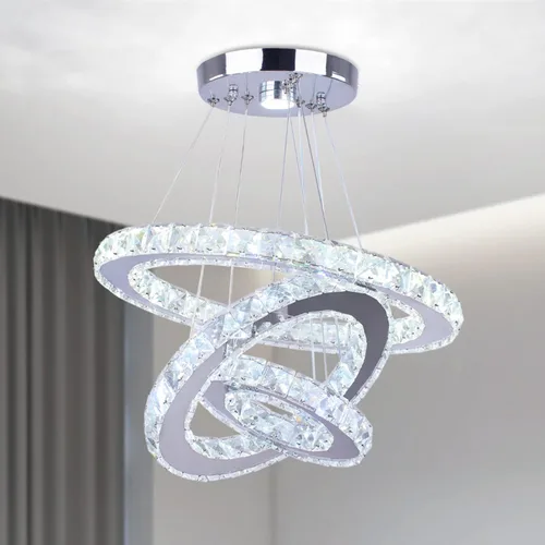 Vista 10 de Candelabro LED de cristal con iluminación regulable LED moderna lámpara de techo de 3 anillos ajustable de acero inoxidable para dormitorios y sala