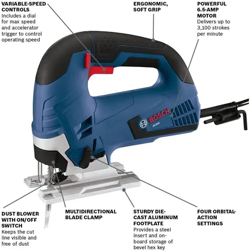 Vista 5 de BOSCH JS365 - Kit de sierra de calar con mango superior de 120 V, 6.5 amperios, velocidad variable, cortes biselados de 45 grados, hasta 3,000 SPM
