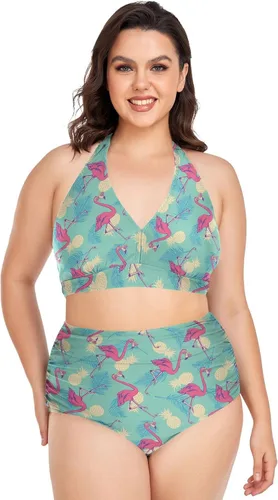 Vista 10 de Bikini de 2 piezas para mujer, talla grande, cintura alta, cuello halter, fruncido, control de abdomen Murciélagos Cruces Estrellas