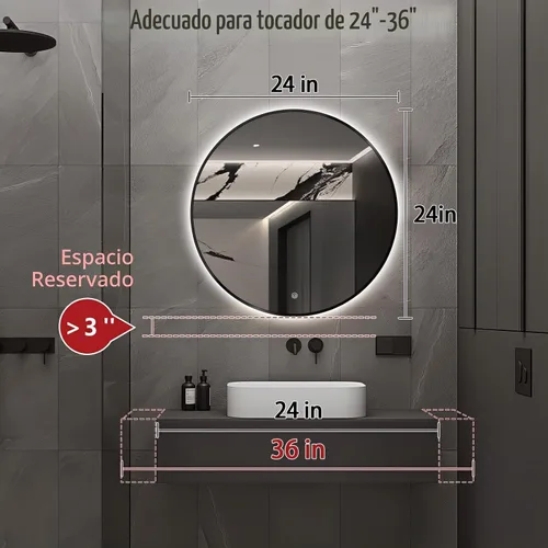 Vista 2 de Niccy Espejos de baño LED redondos, espejo retroiluminado con marco negro