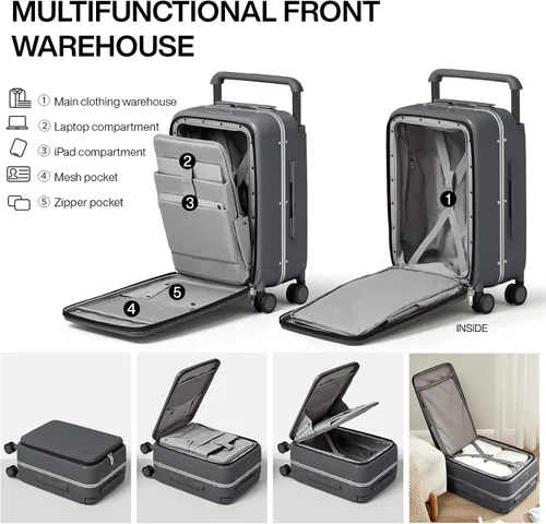 Vista 3 de Mixi Maleta de equipaje con bolsillo frontal para laptop, maletas de viaje con mango ancho, carcasa rígida de policarbonato con marco de aluminio