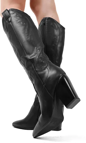 Vista 7 de DREAM PAIRS Cowboy Boots For Women, Comfortable Pull On Zipper Chunky Heel Pointed Toe Embroidered Western Cowgirl Knee High Boots