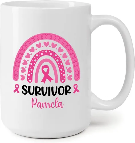 Vista 19 de Taza personalizada para sobrevivientes de cáncer, taza de cáncer de mama, taza de cinta rosa, regalo para sobreviviente de cáncer de mama, taza