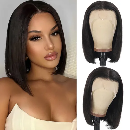 Vista 8 de Peluca Bob de 10 Pulgadas de Cabello Humano, Pelucas Frontales de Encaje HD 13x4 de Cabello Humano Pre-Desplumadas, Peluca Bob Corta, Pelucas