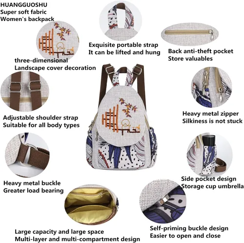 Vista 166 de HUANGGUOSHU Mochila de algodón tejida de algodón bohemio con bordado de lona estilo bohemio con múltiples bolsillos retro linda mochila cartera