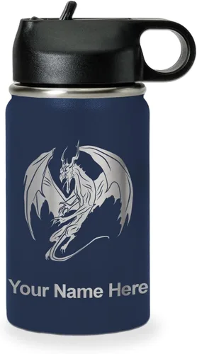 Vista 17 de LaserGram Botella de agua con tapa abatible de doble pared de 12 onzas con pajilla, dragón, grabado personalizado incluido (negro)