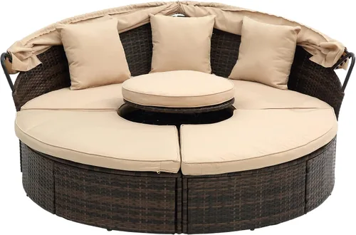 Vista 7 de Sofá cama redondo de ratán al aire libre con toldo retráctil y mesa de centro elevadora, muebles de patio, juego de sofá para piscina Garde