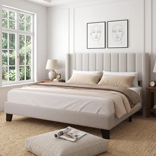 Vista 8 de Base de cama tamaño matrimonial con cabecero, marco de cama plataforma tapizado con cabecero de terciopelo tipo osito de peluche, soporte