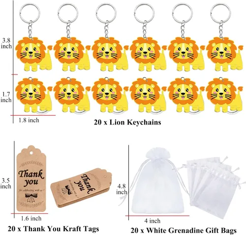 Vista 2 de El paquete de 60 regalos de fiesta de león incluye 20 llaveros de león, 20 etiquetas de agradecimiento, 20 bolsas de regalo para fiesta de safari