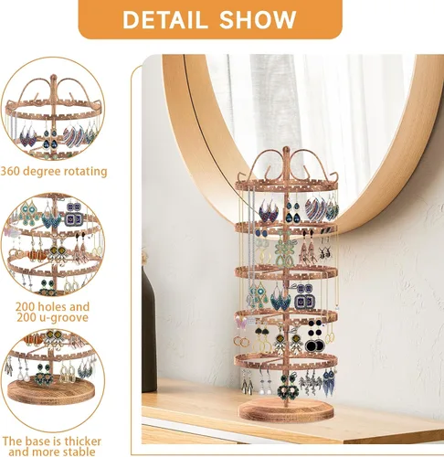 Vista 3 de LASZOLA Organizador de aretes de metal de 5 niveles, soporte giratorio estable de joyería para mujeres y niñas, 400 agujeros y ranuras, estante