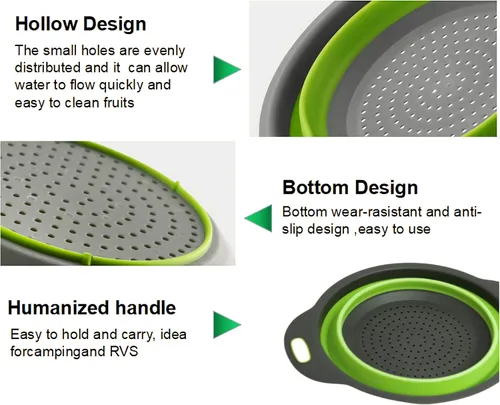 Vista 2 de Juego de coladores plegables, filtro de cocina de silicona de grado alimenticio, colador de cocina con asas extensibles para drenar pasta, verduras
