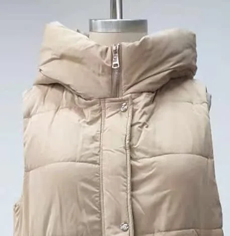 Vista 4 de Avilego Chaleco largo con capucha para mujer, con cierre completo, sin mangas, acolchado, chaqueta de moda