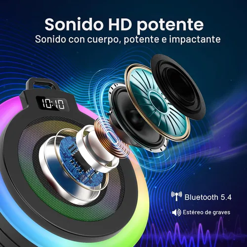 Vista 3 de Altavoz Bluetooth para Ducha, Altavoz Bluetooth Portátil Sonido Estéreo con Ventosa/Cordón, Micrófono Incorporado, Altavoces Inalámbricos IPX7 Negro