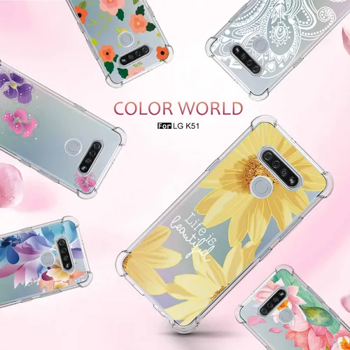 Vista 7 de Osophter Funda para LG K51, LG Reflect Funda transparente con flores para niñas y mujeres, esquinas reforzadas transparentes de poliuretano