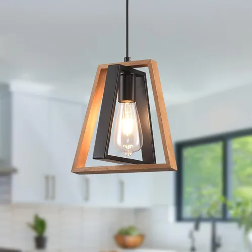 Vista 27 de Lámpara colgante estilo granja, luces colgantes negras para isla de cocina, luz colgante de metal industrial y madera vintage, lámpara de techo