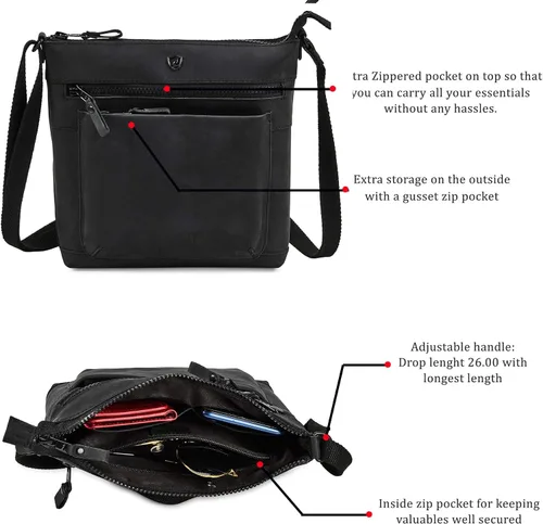 Vista 4 de Cochoa Bolso cruzado pequeño de cuero real con triple cremallera para mujer, bolso cruzado vintage de primera calidad (juego de 2), Combo de bolso