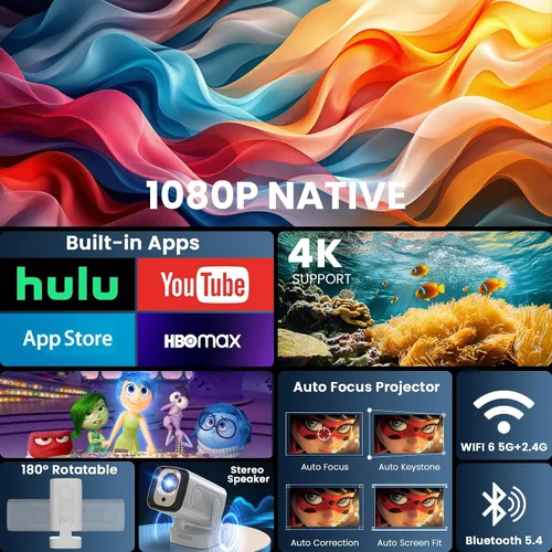 Vista 2 de Proyector [Enfoque automático y aplicaciones nativas y integradas de 1080P] Proyector 4K compatible con corrección automática WiFi 6 Bluetooth 5.4