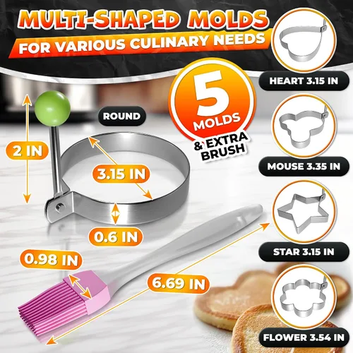 Vista 2 de Juego de moldes para panqueques de 5 piezas, acero inoxidable, asas plegables Pancake Molds for Griddle, 5 Shapes for Eggs, Omelets, Hash Browns &