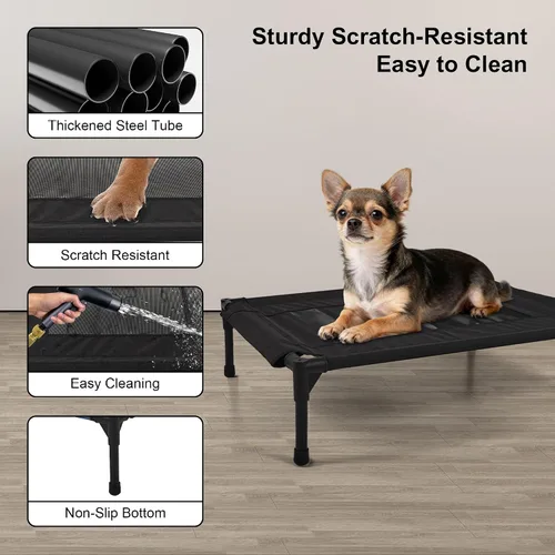 Vista 6 de Cama elevada para perros al aire libre, cuna elevada portátil con refrigeración, cama lavable para mascotas, perros pequeños, color negro