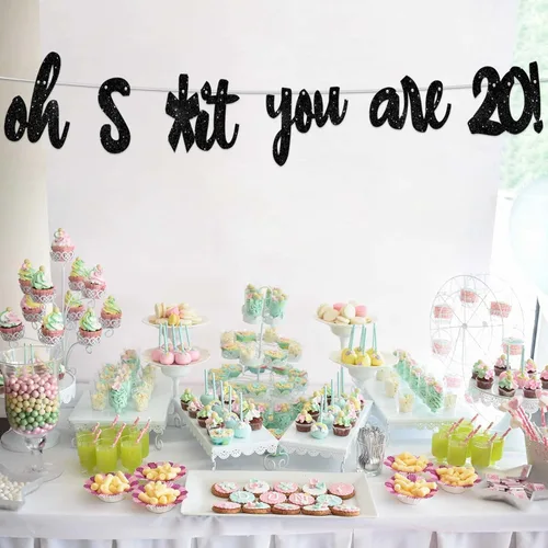 Vista 6 de Oh S*ht You are 20! - Pancarta de fondo con purpurina negra con texto en inglés "Hello 20 Cheers to 20 Years " Decoración temática para niños