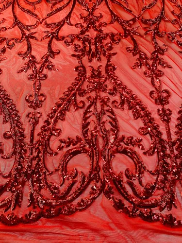 Vista 3 de Esmeralda Red Sequins on Mesh Lace Fabric by The Yard - 10102
