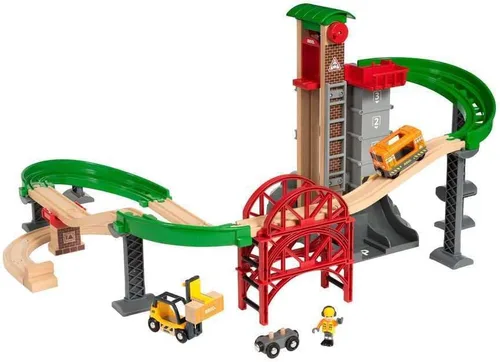 Vista 4 de BRIO World Lift & Load Warehouse Set - Juego de tren de madera de 32 piezas, funciona con todos los juegos de ferrocarriles de madera, incluye