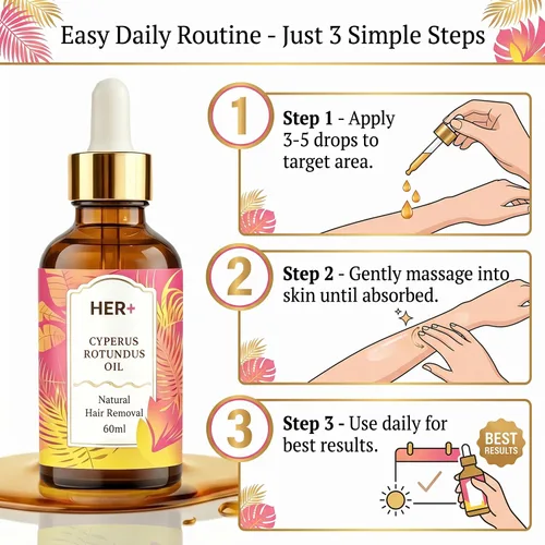 Vista 6 de Her+ Cyperus Rotundus Oil for Hair Removal, Natural Hair Removal Oil & Inhibitor Cyperus Rotundus Oil, Reducing Body Hair Growth, and Pore